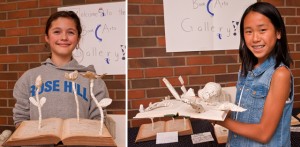 Molly Knopf, 11, left, premiered "Flower," who was inspired by her love of flowers. Right, 11-year-old Emma Wendel shows off her octopus-inspired artwork.
