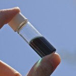 A vial holds a solution that contains the UW-developed polymer "ink" that can be printed to make the solar cells.