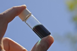 A vial holds a solution that contains the UW-developed polymer "ink" that can be printed to make the solar cells.