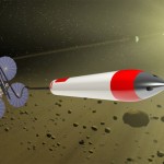 An artist's conception shows a sampling rocket, with a tether linking a return capsule inside the rocket to a recovery craft.
