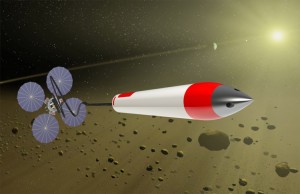 An artist's conception shows a sampling rocket, with a tether linking a return capsule inside the rocket to a recovery craft.