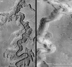 A river ran through it: A split panel comparing a section of Arizona's Grand Canyon, left, with a section of Mars' Nanedi Valles in the Lunae Palus quadrangle of Mars. The northern part of the image shows that a river once cut through it similar to the one flowing through the Grand Canyon.