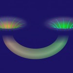 An illustration depicting a wormhole between two black holes.