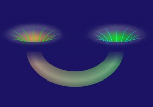 An illustration depicting a wormhole between two black holes.
