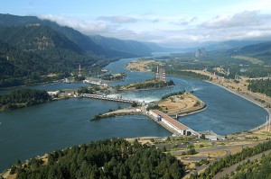 aerial view of bonneville dam, 40 miles east of portland.