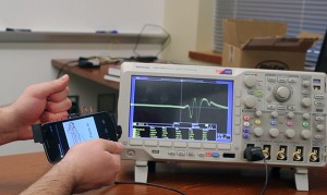 AllSee detects the unique signal changes (shown on the oscilloscope) and classifies a rich set of hand gestures.
