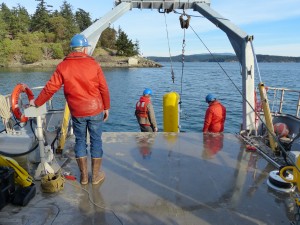 people on boat deploying instrument