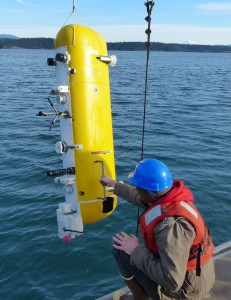 researcher with instrument at sea