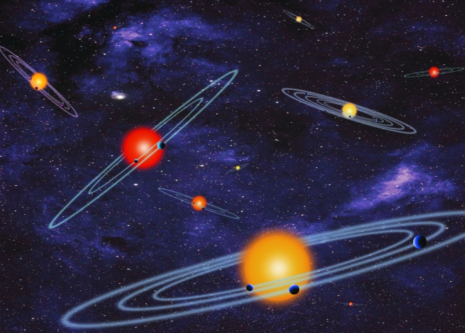 An artist's illustration of multiple-transiting planet systems. The planets eclipse or transit their host star from the vantage point of the observer.