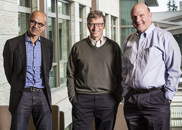 Steve Ballmer (right) with Bill Gates (center and Satya Nadella, Microsoft's three CEOs.