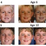 A single photo of a child (far left) is age progressed (left in each pair) and compared to actual photos of the same person at the corresponding age (right in each pair).