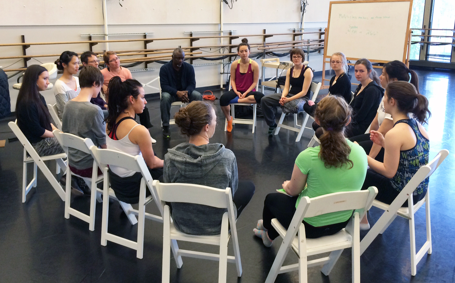 Choreographer Robert Moses begins his visit to the UW campus in April by chatting with student dancers in Professor Jennifer Salk's class, listening patiently as they discussed their lives and interest in dance.