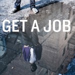 Front cover of Robert Crutchfield's book "Get a Job" shows the reflection of a man in puddle on the street.