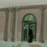 Men walk through revolving bank doors on cover of book