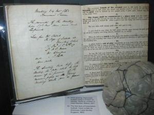 The original hand-written "Laws of the Game" drafted for The Football Association in 1863 on display at the National Football Museum, Manchester, England.
