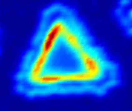 This photoluminescence intensity map shows a typical piece of the lateral heterostructures. The junction region produces an enhanced light emission, indicating its application potential in optoelectronics.