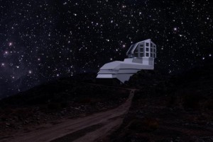 A photograph and a rendering mix, showing a view of the exterior building from the road leading up to the site at night.