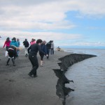 students walking on sand