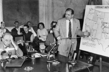 Wisconsin Sen. Joseph McCarthy, right, holds forth at the Senate Subcommittee on Investigations' McCarthy-Army hearings on June 9, 1954. At left is Joseph Welch, chief senate counsel representing the United States Army.