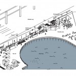 A drawing of the proposed Hotspot Pavilion on Seattle's waterfront, to be designed and built by UW architecture students. THe south end, to the right, will have a performance stage.