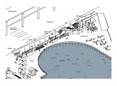 A drawing of the proposed Hotspot Pavilion on Seattle's waterfront, to be designed and built by UW architecture students. THe south end, to the right, will have a performance stage.