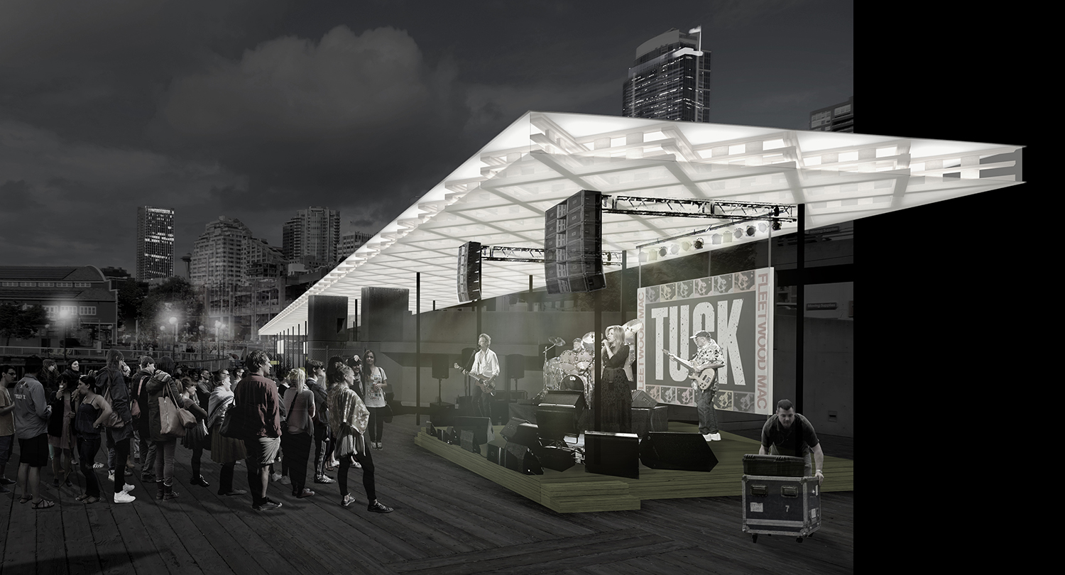 An illustration of the band performance area on the south side of the proposed Hotspot Pavilion near Pier 58 on Seattle's waterfront. The design was chosen from four created by UW architecture graduate students.