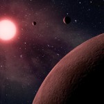 Illustration of a low-mass, M dwarf star, seen from an orbiting rocky planet.