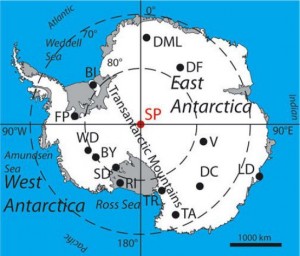 map of Antarctica with ice core sites