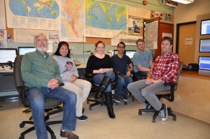 The Seahawks' seismic pit crew (l-r): Bill Steele, Angel Ling, UW students Kyla Marczewski and Luis Flores, Doug Gibbons and Jon Connolly.