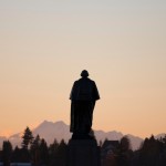 Silhouette of George Washington statue, University of Washington, Seattle campus on November 20th, 2013. Photo by Katherine B. Turner