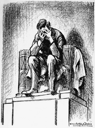 Editorial cartoonist Bill Mauldin's famous November 1963 cartoon mourning the assassination of John F. Kennedy. "I was a kid when JFK was killed, and it was the most dramatic moment of my young life," Horsey said. "Mauldin's cartoon is forever caught up with that experience, probably because of its simple visual power." The cartoon ran in the Chicago Sun Times.