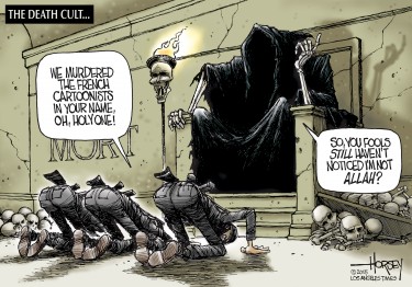 David Horsey's January 2015 editorial cartoon in response to the shootings at the headquarters of the satirical weekly Charlie Hebdo.