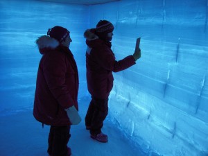 people in front of blue-tinged ice wall