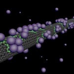 An illustration of atoms sticking to a carbon nanotube, affecting the electrons in its surface.