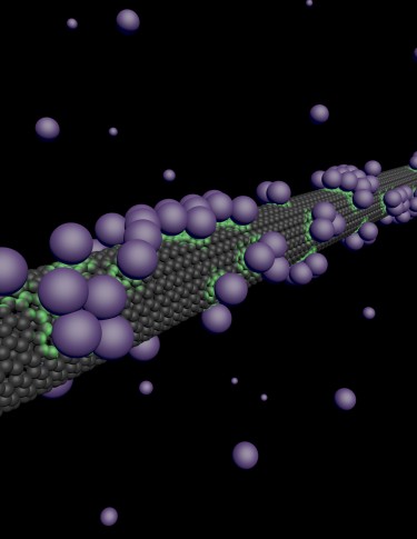 An illustration of atoms sticking to a carbon nanotube, affecting the electrons in its surface.