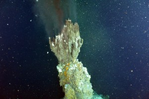 Near-boiling fluids jet from the tip of a black smoker known as El Guapo, photographed in 2013 off the Oregon coast.