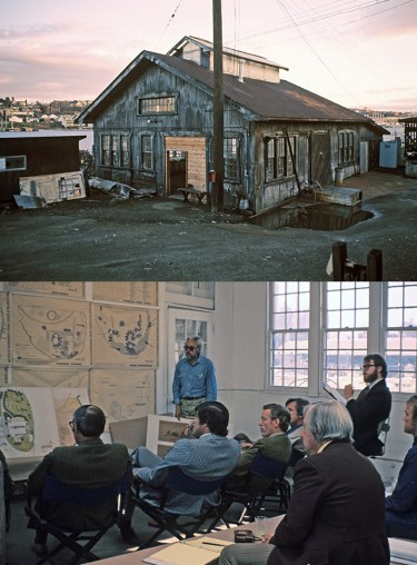 Views outside and inside of the old blacksmith's shop Haag used as an office on the gasworks site.
