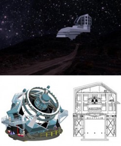 Top: A photograph/illustration of the Large Synoptic Survey Telescope’s exterior building from the road leading up to the site at night. Below, left, a rendering of the telescope; at right, a drawing of its enlosure design. The telescope is scheduled to begin full operations in 2022.