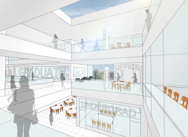 An early conceptual drawing of the new CSE building interior by LMN Architects. The final building design will incorporate an undergraduate commons (pictured) and instructional labs, seminar rooms, research labs, and collaborative spaces for students and faculty
