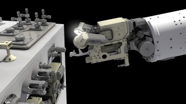 An artist's concept of a NASA robotic refueling mission. Shown here, cameras light the way as a tool from a robotic refueling mission approaches a satellite to cut wire, one of the steps to remotely accessing a satellite's triple-sealed fuel valve.