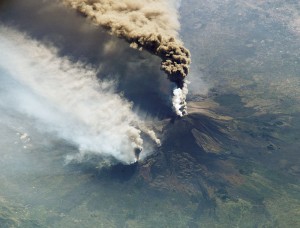 erupting volcano seen from overhead