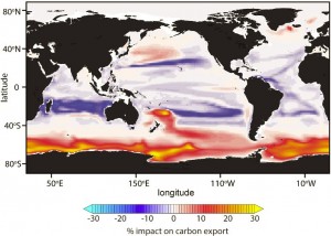 map of oceans with red at bottom