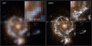A comparison of the resolving power of the Hubble Space Telescope and the proposed High-Definition Space Telescope.