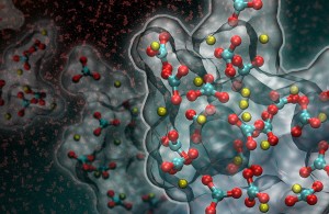 Artist's rendition of calcium carbonate crystals.