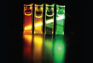 Light emitted from nanocrystals synthesized in the Cossairt lab for display applications.