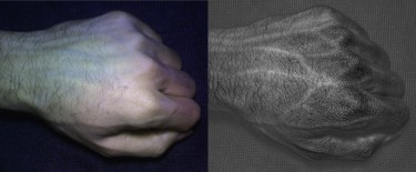 Compared to an image taken with a normal camera (left), HyperCam images (right) reveal detailed vein and skin texture patterns that are unique to each individual.