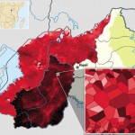 The northern and western provinces are divided into cells (the smallest administrative unit of the country), and the cell is shaded according to the average (predicted) wealth of all mobile subscribers in that cell. The southern province is overlaid with a Voronoi diagram that uses geographic identifiers in the call data to divide the region into several hundred thousand small partitions, which each may be as small as a household or a microvillage.