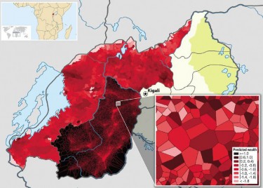 The northern and western provinces are divided into cells (the smallest administrative unit of the country), and the cell is shaded according to the average (predicted) wealth of all mobile subscribers in that cell. The southern province is overlaid with a Voronoi diagram that uses geographic identifiers in the call data to divide the region into several hundred thousand small partitions, which each may be as small as a household or a microvillage.
