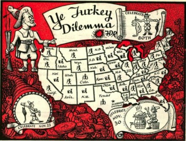 This image from a 1939 copy of Newsweek magazine needled President Roosevelt over his 1939 presidential proclamation to change the day Thanksgiving is held.