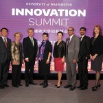Speakers at the University of Washington’s inaugural Innovation Summit, held November 13 in Shanghai, China. From left: Adina Mangubat, Jiande Chen, Chris Gregoire, Ralph Haupter, Ana Mari Cauce, Yuan Ming, Vikram Jandhyala, Shwetak Patel, Gina Neff and Ben Waters. (Not pictured: Wang Jian)